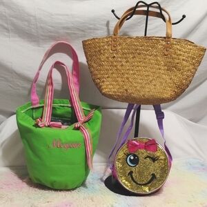 Girls 3 Piece Bag Bundle Gently Used Winking Face/New Humor/Wicker
